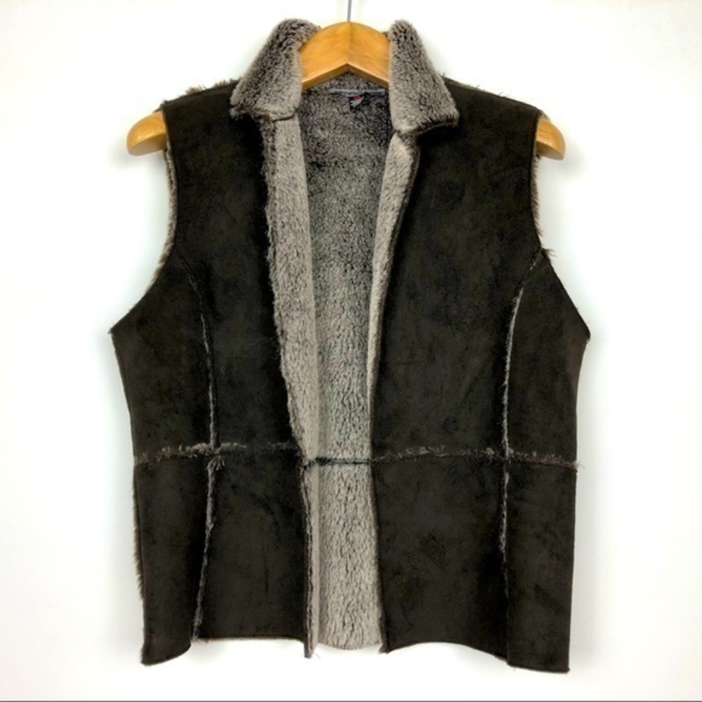 Optionelle 🇨🇦 Women’s Brown‎ and Tan Suede Faux Fur Open Vest Size 2X